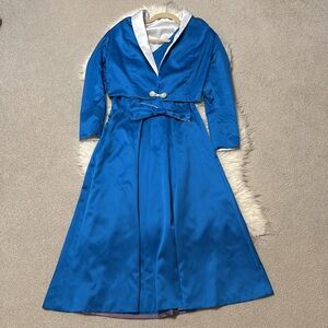 Vintage Custom Made 2 Piece Blue Silk Dress, Cropped Blazer & Bow